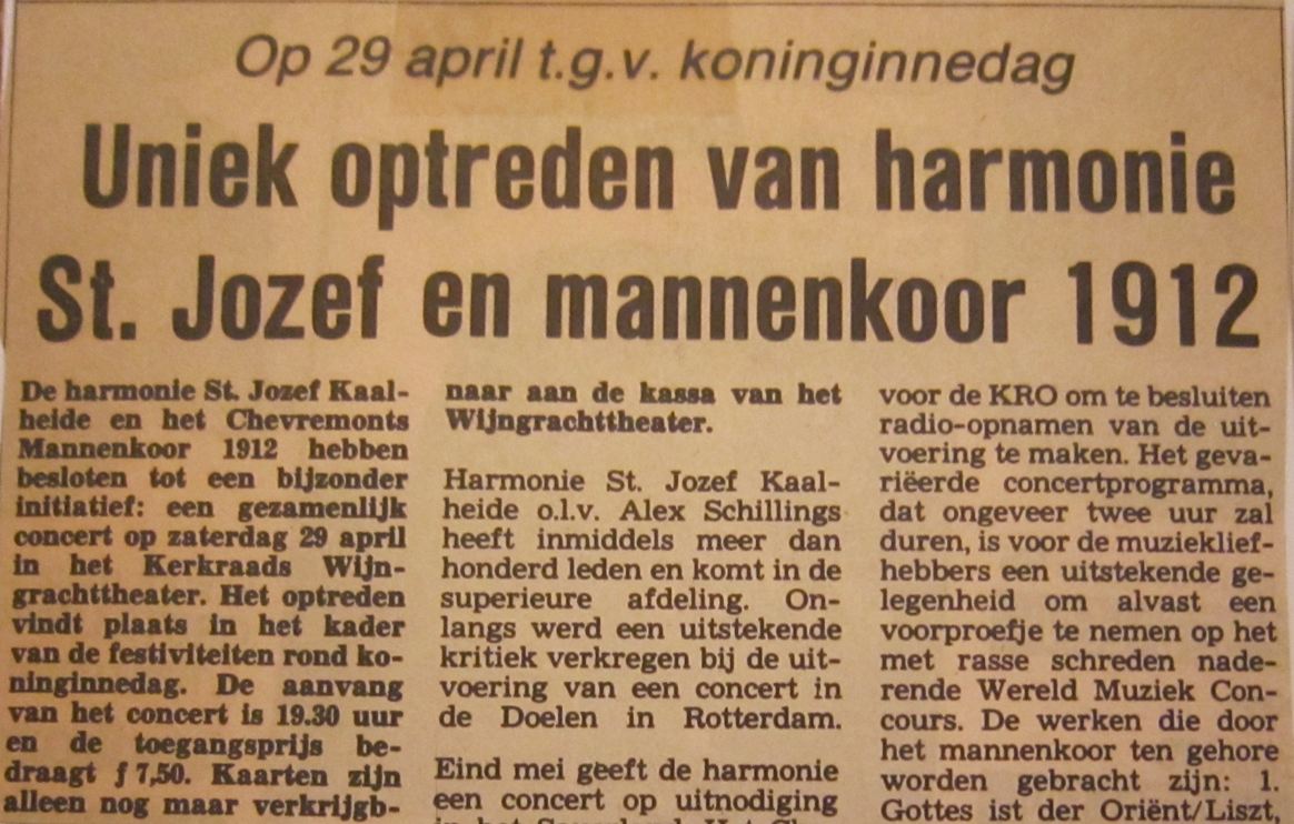 Krantenkop: Uniek optreden van harmonie St. Jozef en mannenkoor 1912